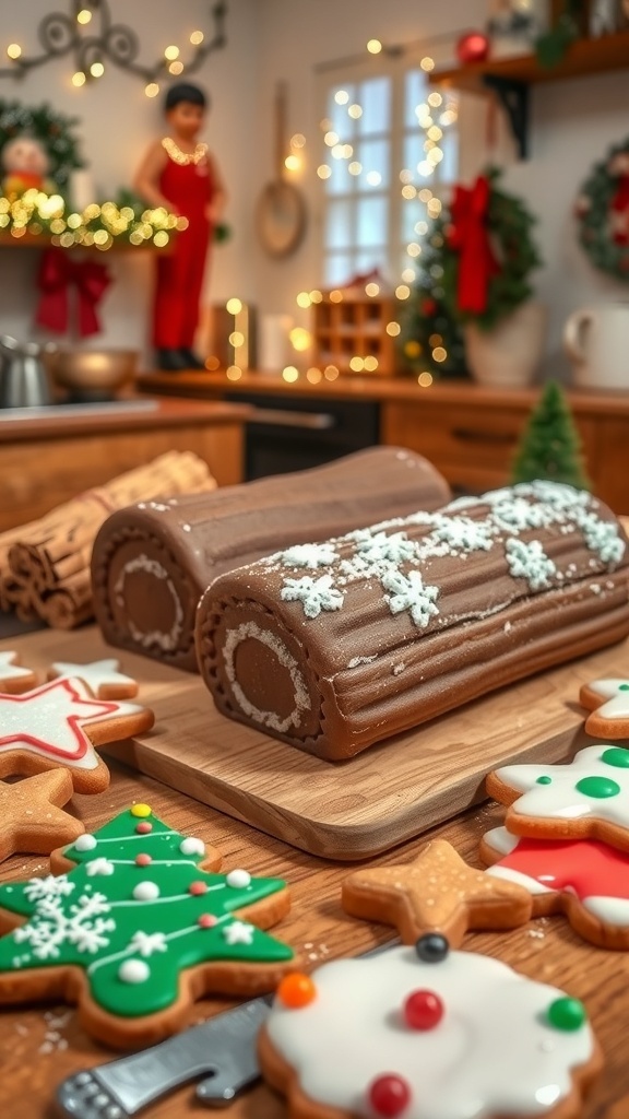 A festive assortment of Christmas baked goods including gingerbread cookies, chocolate yule log, and decorated sugar cookies on a wooden table.
